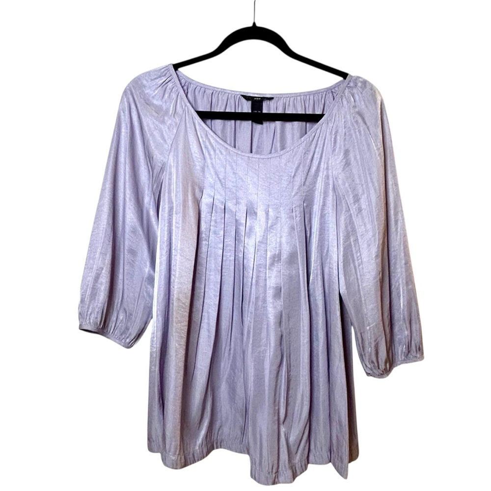 Y2K Light Purple Lavender Shimmer Blouse Pleated Flowy Scoop Neck 3/4 Sleeve Top